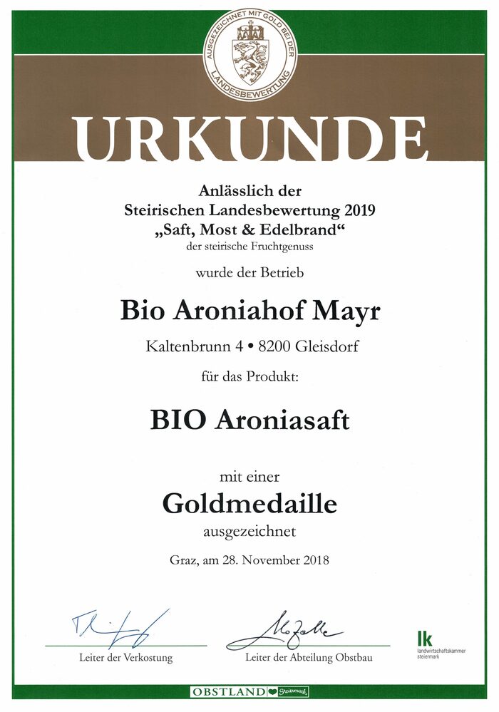 Urkunde Goldmedaille 2019, Steirische Landesbewertung
