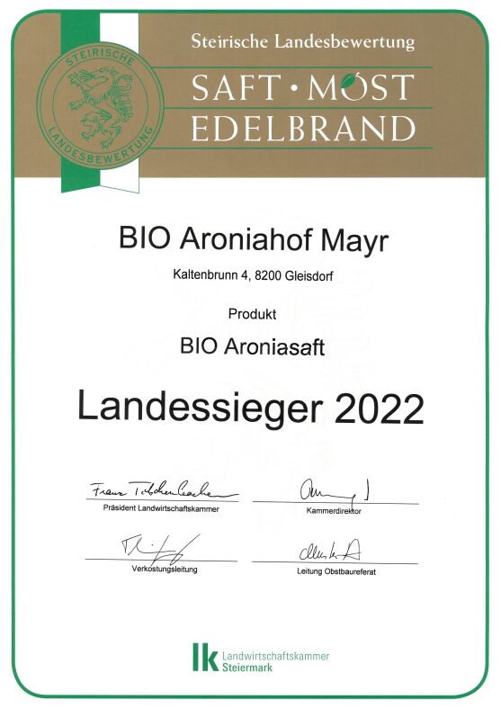 Urkunde Steirischer Landessieger 2022, BIO Aroniasaft